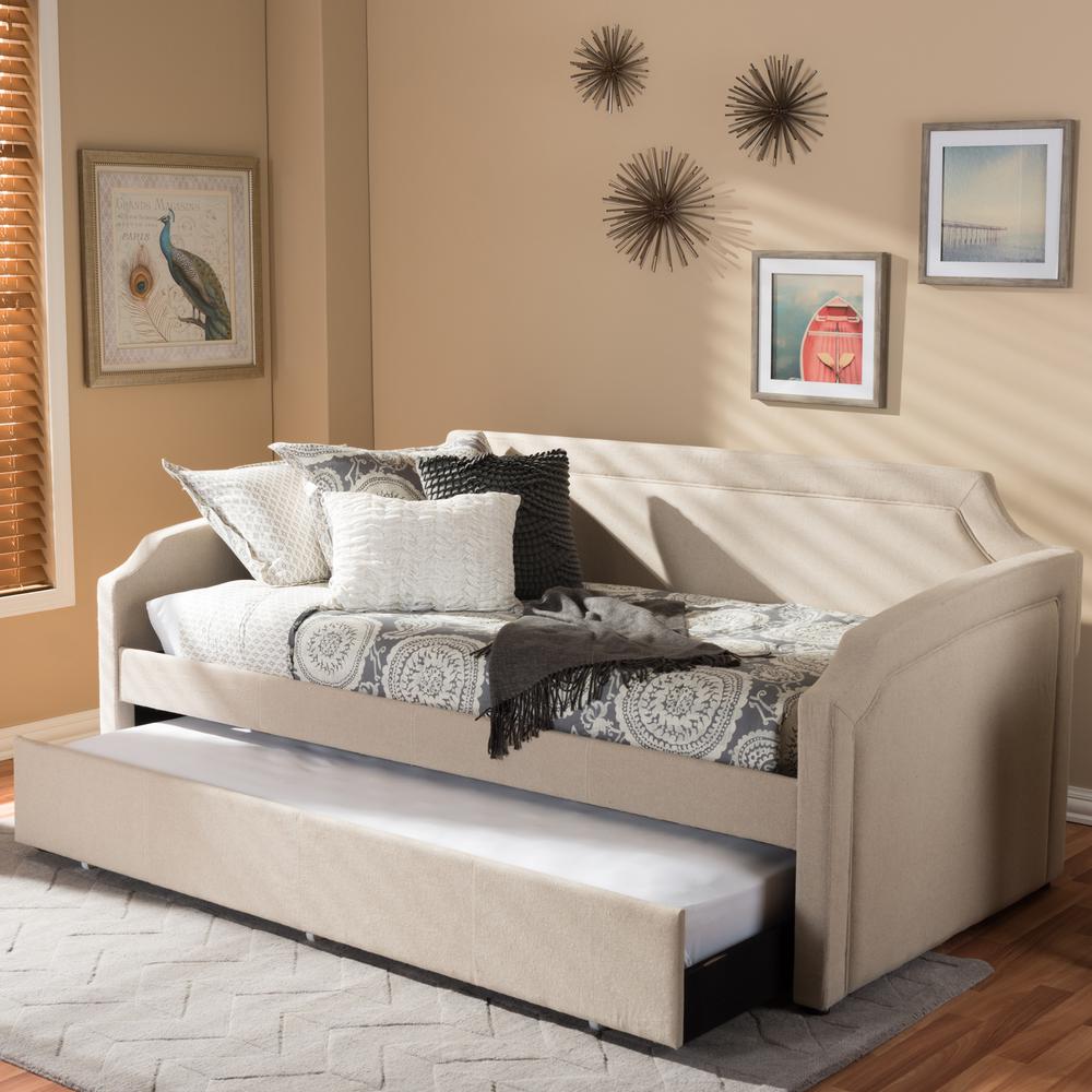 Fabric Curved Notched Corners Sofa Twin Daybed with Roll-Out Trundle Guest Bed. Picture 17