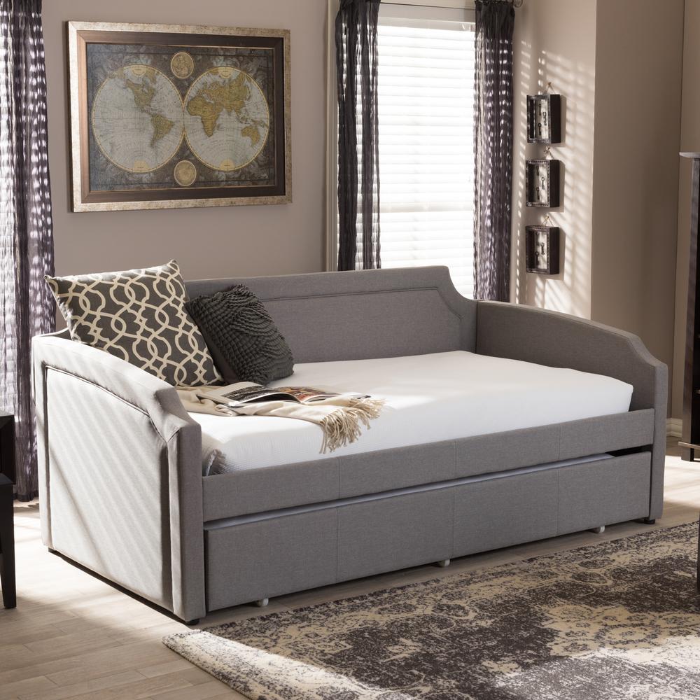 Fabric Curved Notched Corners Sofa Twin Daybed with Roll-Out Trundle Guest Bed. Picture 12