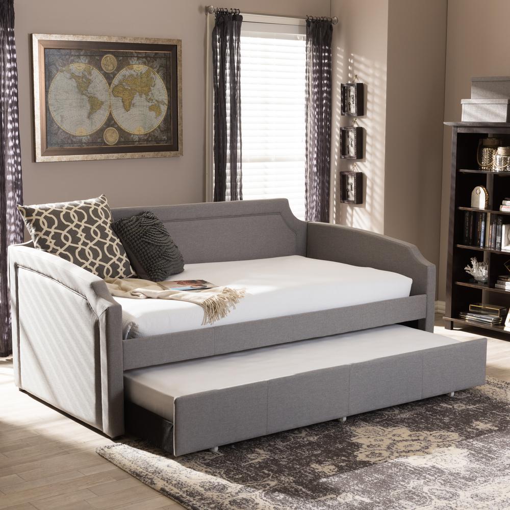 Fabric Curved Notched Corners Sofa Twin Daybed with Roll-Out Trundle Guest Bed. Picture 9