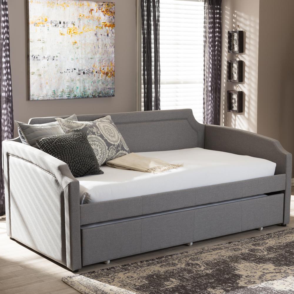 Fabric Curved Notched Corners Sofa Twin Daybed with Roll-Out Trundle Guest Bed. Picture 14