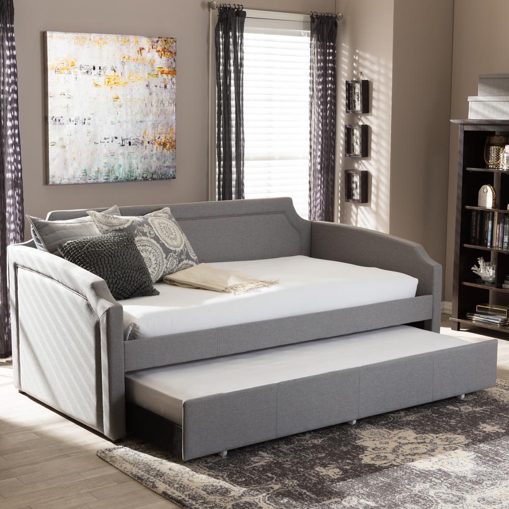 Fabric Curved Notched Corners Sofa Twin Daybed with Roll-Out Trundle Guest Bed. Picture 15