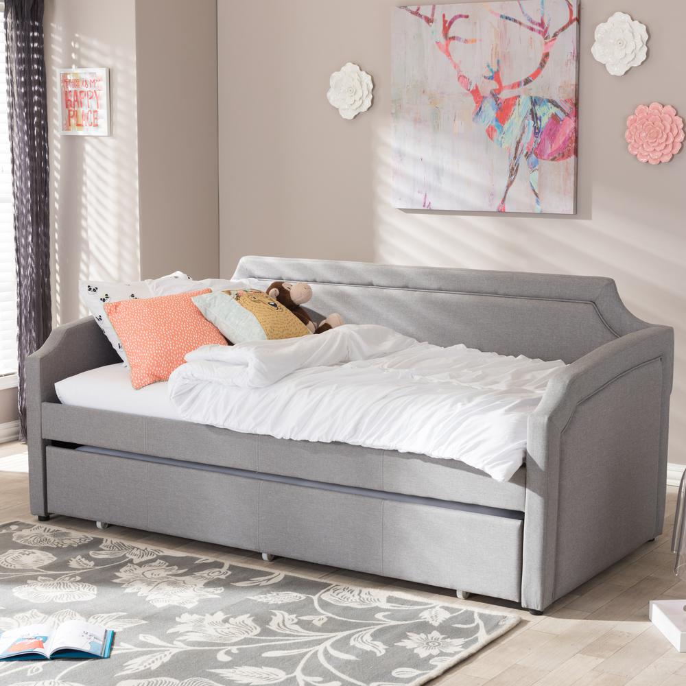 Fabric Curved Notched Corners Sofa Twin Daybed with Roll-Out Trundle Guest Bed. Picture 16