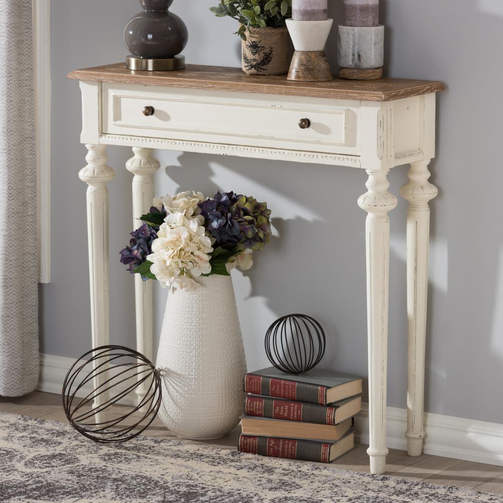 Weathered Oak and White Wash Distressed Finish Wood Two-Tone Console Table. Picture 16