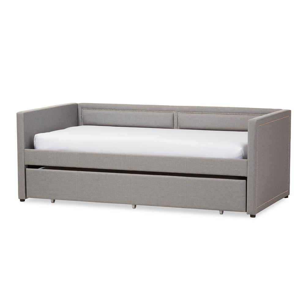 Grey Fabric Nail Heads Trimmed Sofa Twin Daybed with Roll-Out Trundle Guest Bed. Picture 11