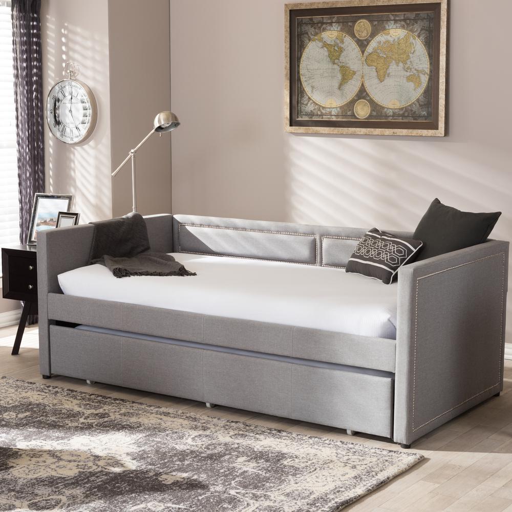 Grey Fabric Nail Heads Trimmed Sofa Twin Daybed with Roll-Out Trundle Guest Bed. Picture 10