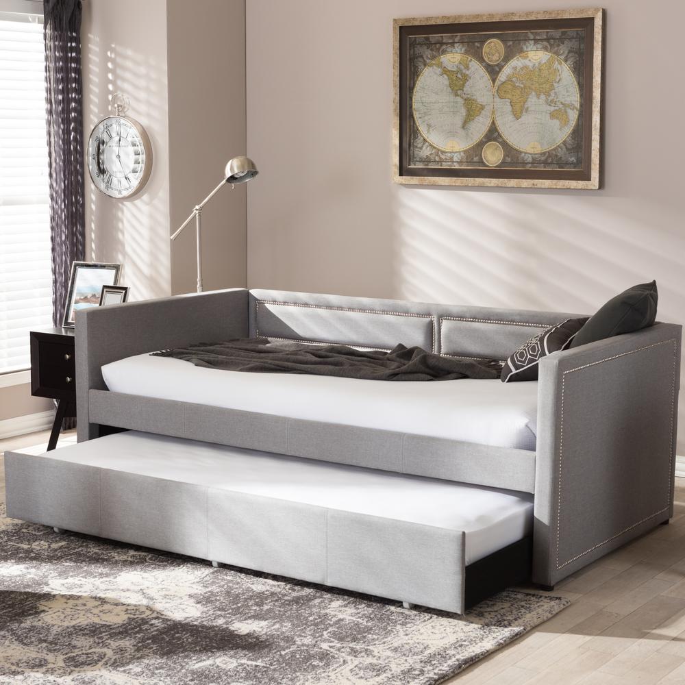 Grey Fabric Nail Heads Trimmed Sofa Twin Daybed with Roll-Out Trundle Guest Bed. Picture 15