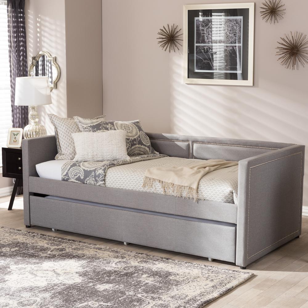 Grey Fabric Nail Heads Trimmed Sofa Twin Daybed with Roll-Out Trundle Guest Bed. Picture 16