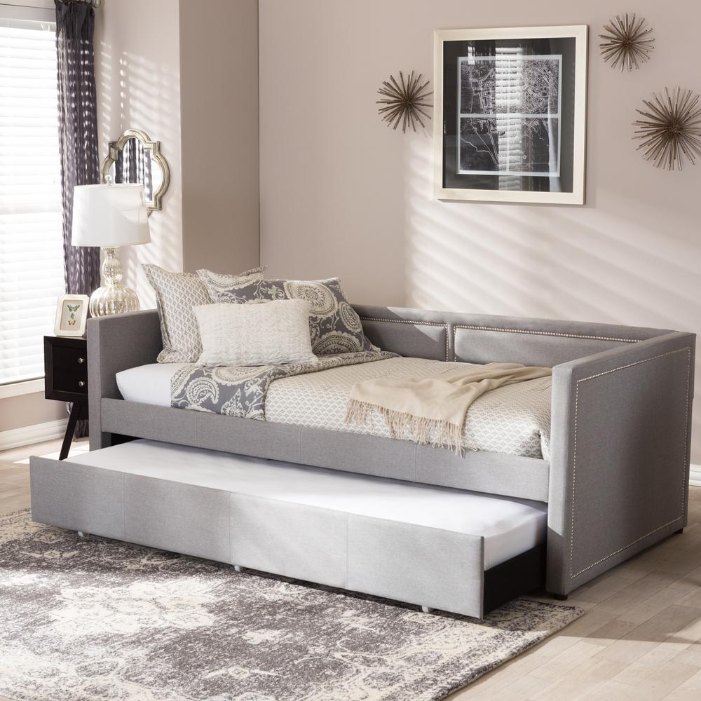 Grey Fabric Nail Heads Trimmed Sofa Twin Daybed with Roll-Out Trundle Guest Bed. Picture 17