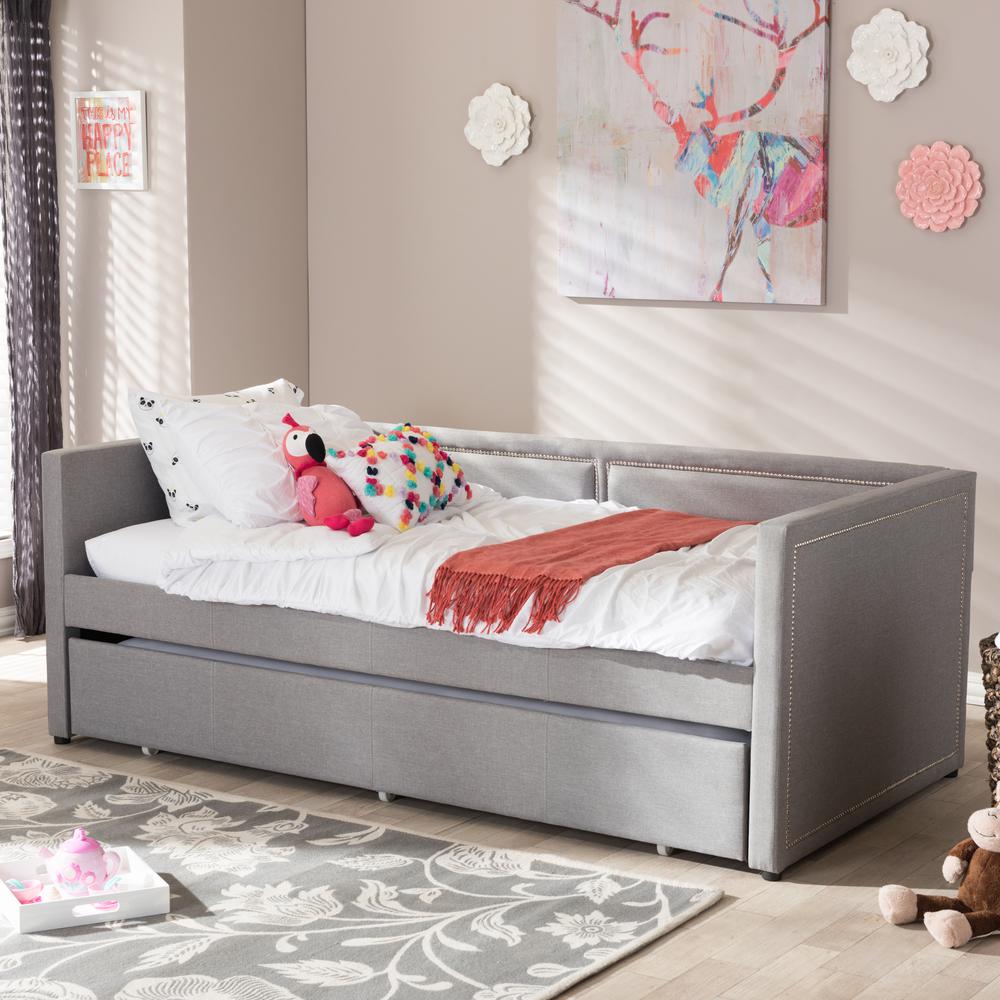 Grey Fabric Nail Heads Trimmed Sofa Twin Daybed with Roll-Out Trundle Guest Bed. Picture 18