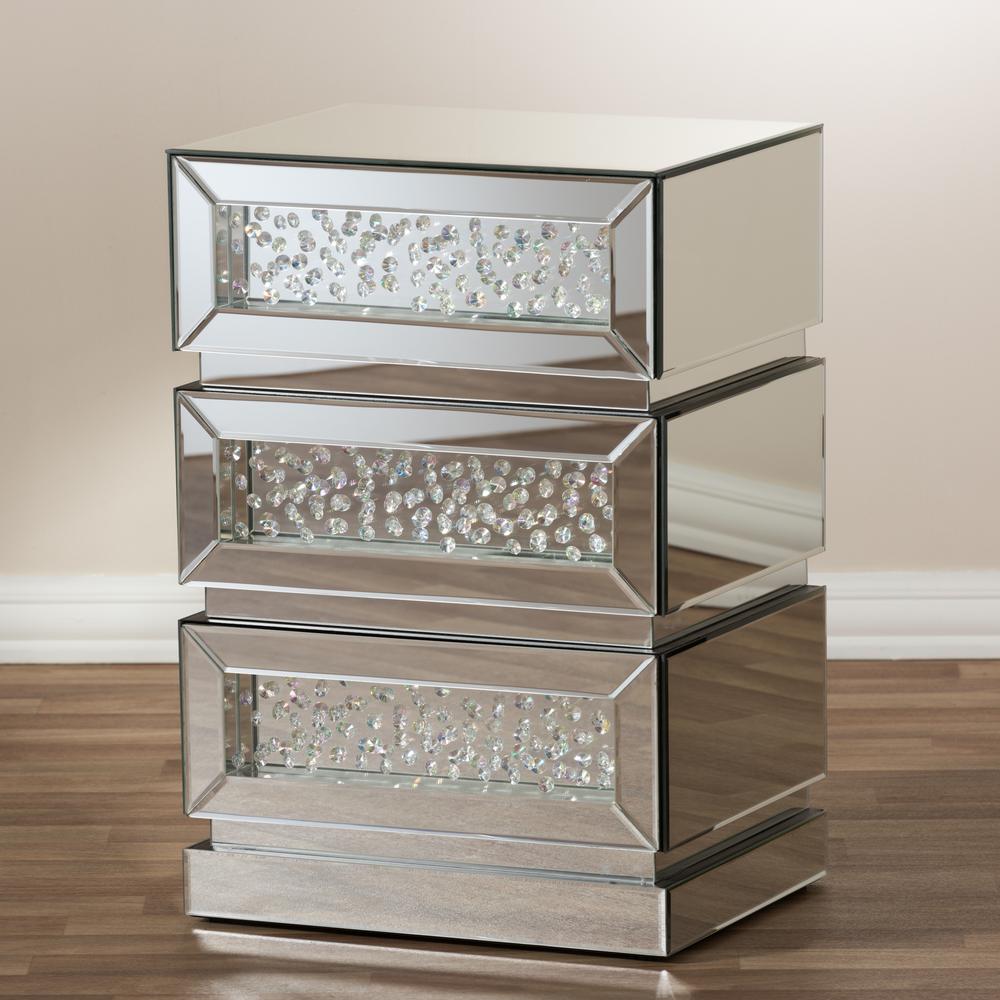 Sabrina Hollywood Regency Glamour Style Mirrored 3-Drawer End Table. Picture 13