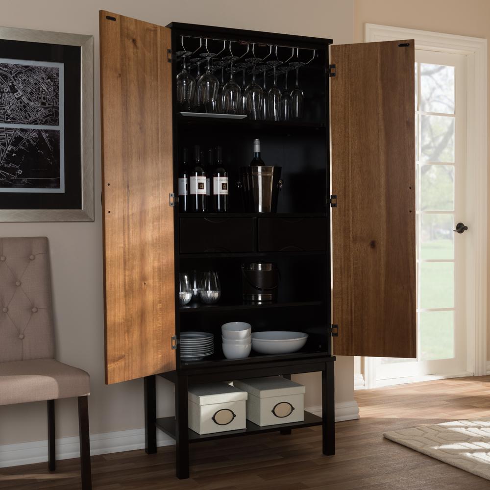 Dark Brown and Walnut Two-Tone Solid Rubberwood Mdf Veneered Wine Cabinet. Picture 17