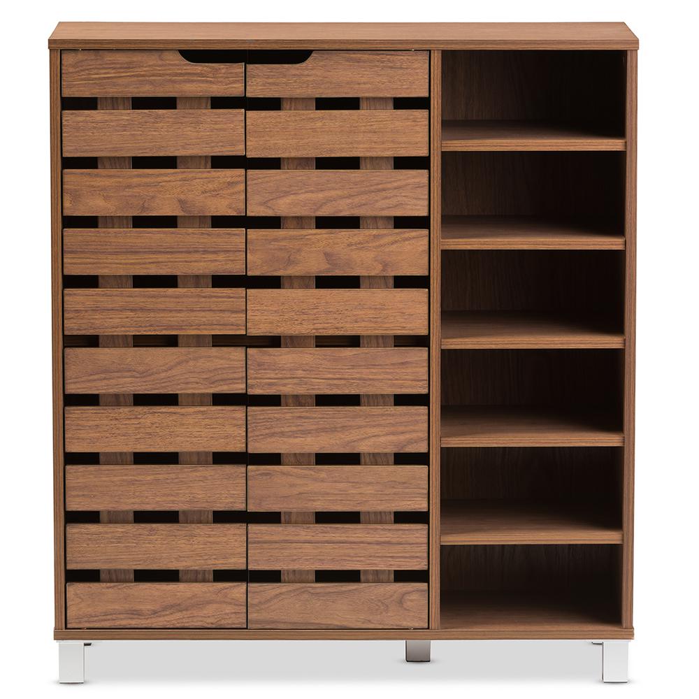 "Walnut" Medium Brown Wood 2-Door Shoe Cabinet with Open Shelves. Picture 8