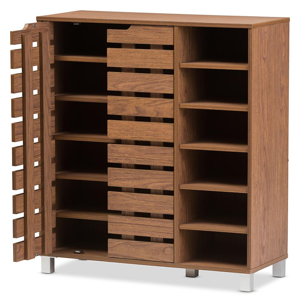 "Walnut" Medium Brown Wood 2-Door Shoe Cabinet with Open Shelves. Picture 9