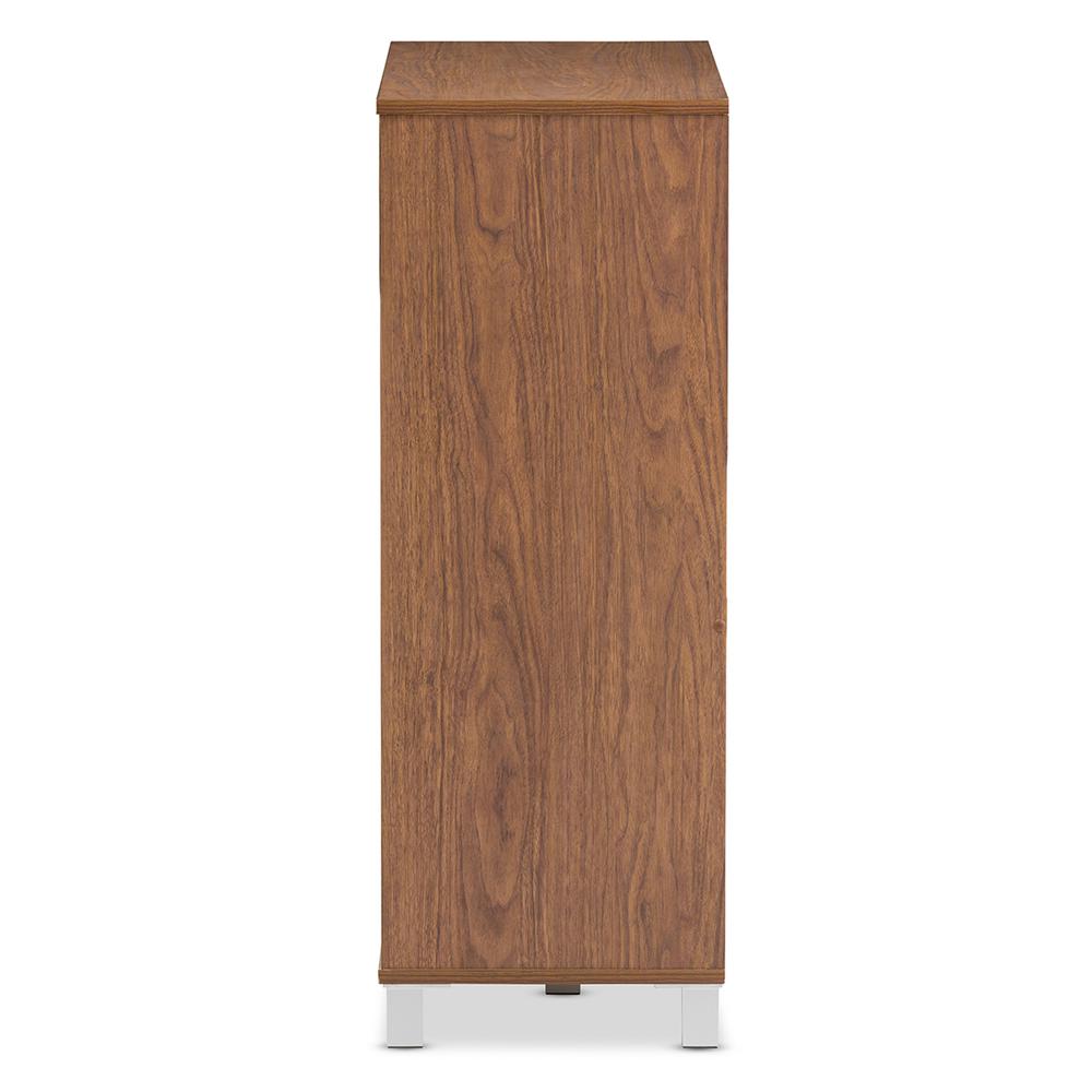 "Walnut" Medium Brown Wood 2-Door Shoe Cabinet with Open Shelves. Picture 10