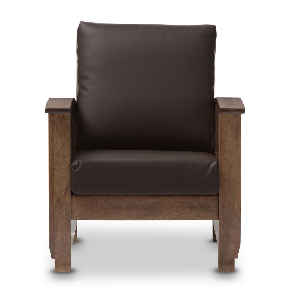 Walnut Brown Wood and Dark Brown Faux Leather 1-Seater Lounge Chair. Picture 7