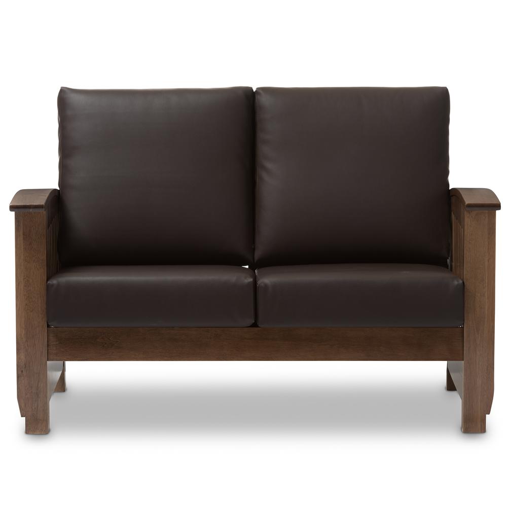 Walnut Brown Wood and Dark Brown Faux Leather 2-Seater Loveseat. Picture 5
