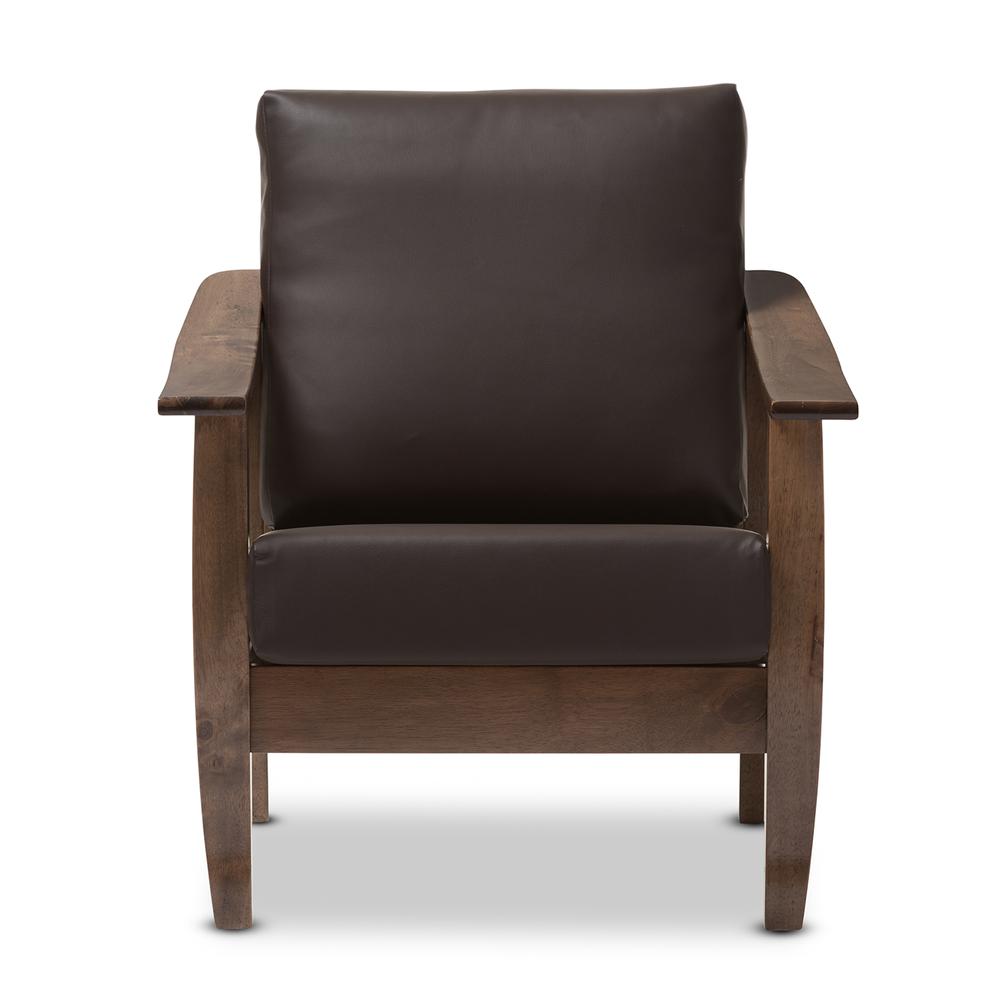 Modern Walnut Brown Wood and Dark Brown Faux Leather 1-Seater Lounge Chair. Picture 7