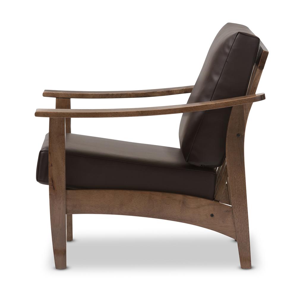 Modern Walnut Brown Wood and Dark Brown Faux Leather 1-Seater Lounge Chair. Picture 8