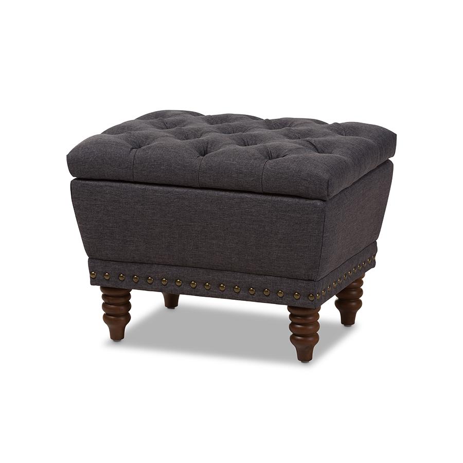 Dark Grey Fabric Upholstered Walnut Wood Finished Button-Tufted Storage Ottoman. Picture 1