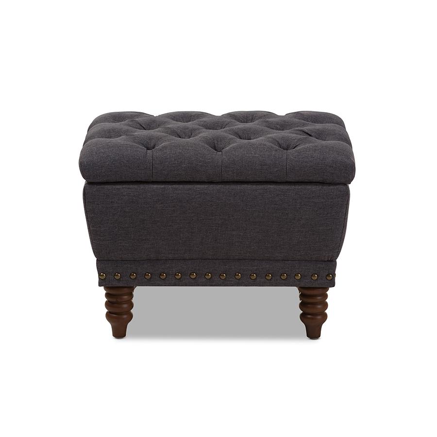 Dark Grey Fabric Upholstered Walnut Wood Finished Button-Tufted Storage Ottoman. Picture 2