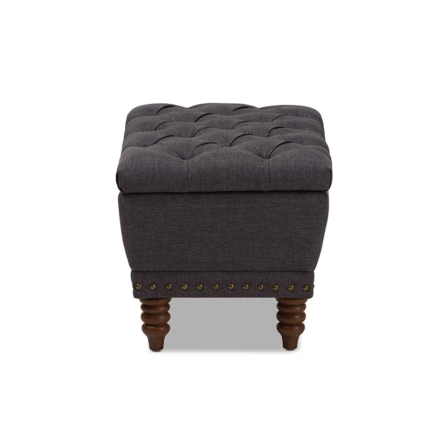 Dark Grey Fabric Upholstered Walnut Wood Finished Button-Tufted Storage Ottoman. Picture 3