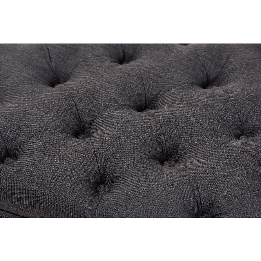 Dark Grey Fabric Upholstered Walnut Wood Finished Button-Tufted Storage Ottoman. Picture 5