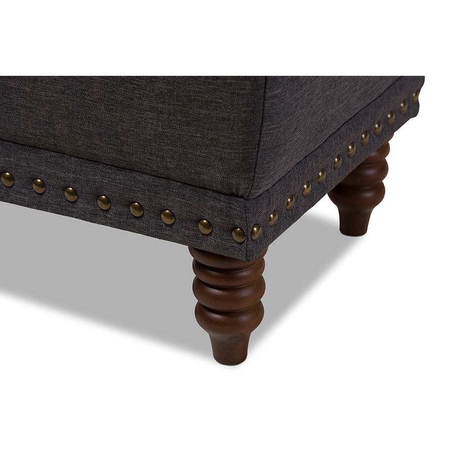 Dark Grey Fabric Upholstered Walnut Wood Finished Button-Tufted Storage Ottoman. Picture 6