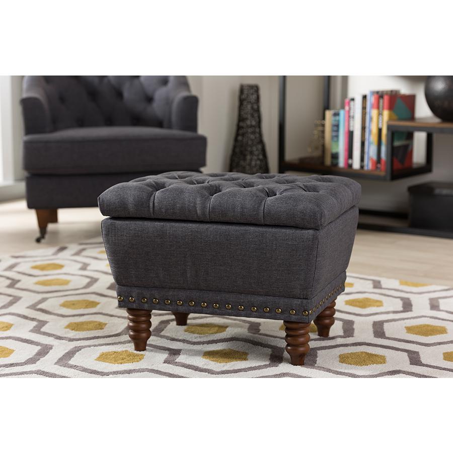 Dark Grey Fabric Upholstered Walnut Wood Finished Button-Tufted Storage Ottoman. Picture 7