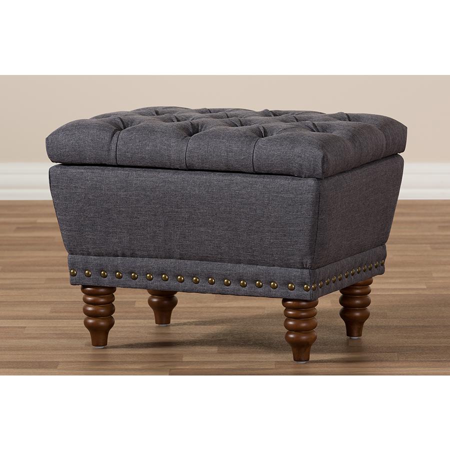Dark Grey Fabric Upholstered Walnut Wood Finished Button-Tufted Storage Ottoman. Picture 9