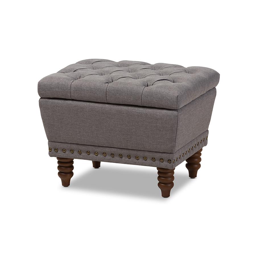 Light Grey Fabric Upholstered Walnut Wood Finished Button-Tufted Storage Ottoman. Picture 1