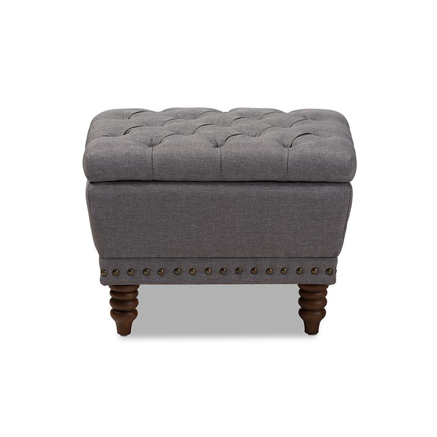 Light Grey Fabric Upholstered Walnut Wood Finished Button-Tufted Storage Ottoman. Picture 2