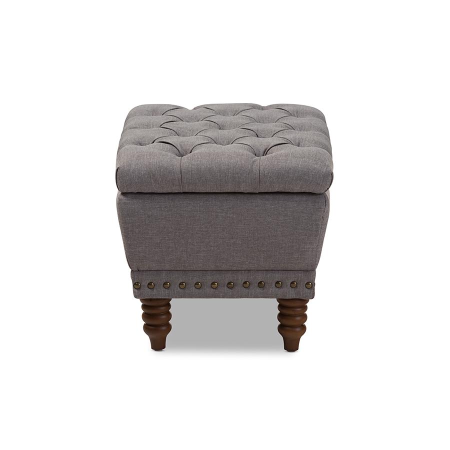 Annabelle Modern and Contemporary Light Grey Fabric Upholstered Walnut Wood Finished Button-Tufted Storage Ottoman. Picture 3