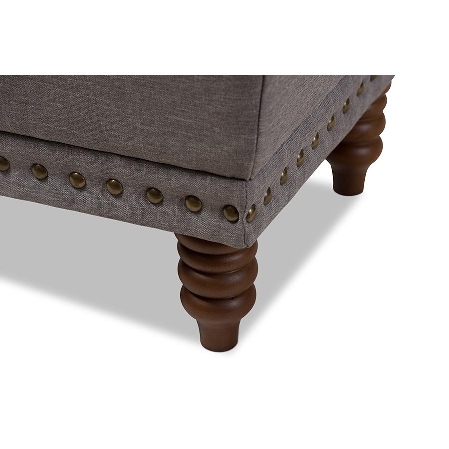 Light Grey Fabric Upholstered Walnut Wood Finished Button-Tufted Storage Ottoman. Picture 6