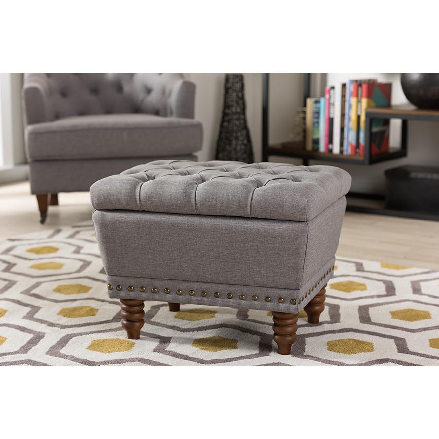 Light Grey Fabric Upholstered Walnut Wood Finished Button-Tufted Storage Ottoman. Picture 7