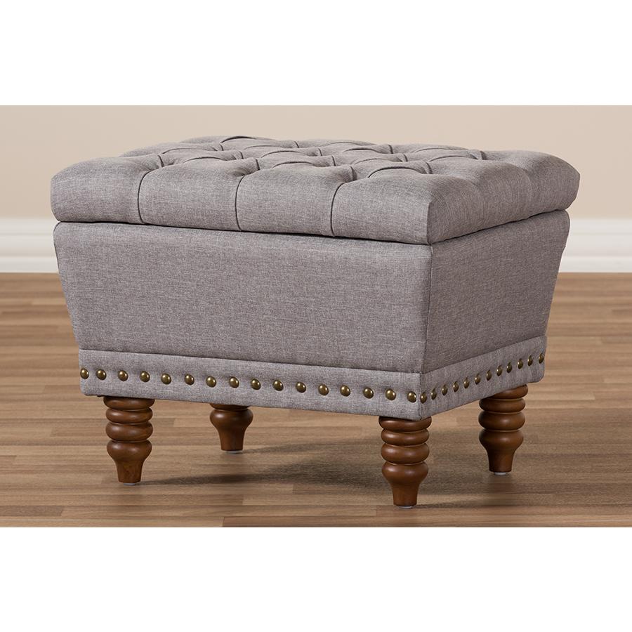 Light Grey Fabric Upholstered Walnut Wood Finished Button-Tufted Storage Ottoman. Picture 9