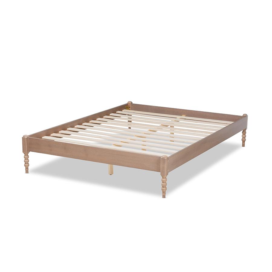 Cielle French Bohemian Antique Oak Finished Wood Queen Size Platform Bed Frame. Picture 3