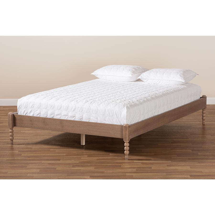 Cielle French Bohemian Antique Oak Finished Wood Queen Size Platform Bed Frame. Picture 6