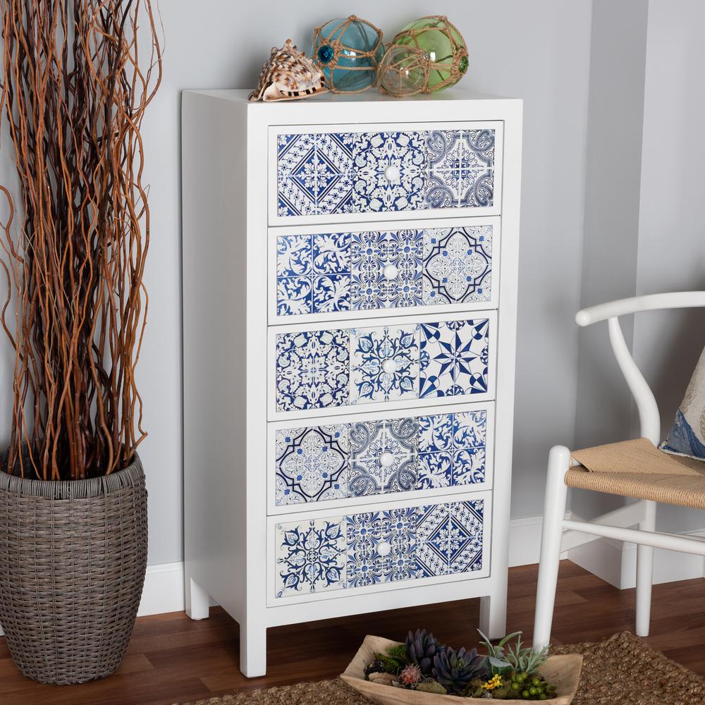 Alma Spanish Mediterranean Inspired White Wood and Blue Floral Tile Style 5-Drawer Accent Storage Cabinet. Picture 17