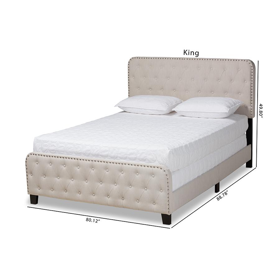 Annalisa Modern Transitional Beige Fabric Upholstered Button Tufted King Size Panel Bed. Picture 10