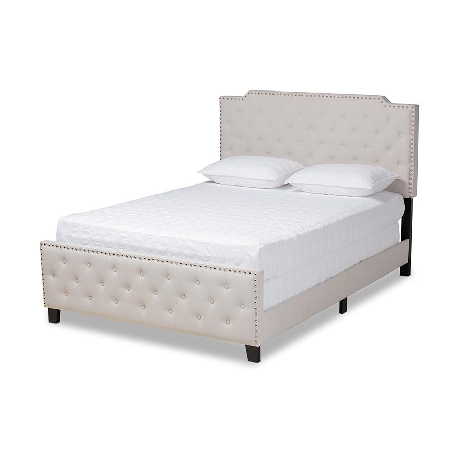 Marion Modern Transitional Beige Fabric Upholstered Button Tufted King Size Panel Bed. Picture 1