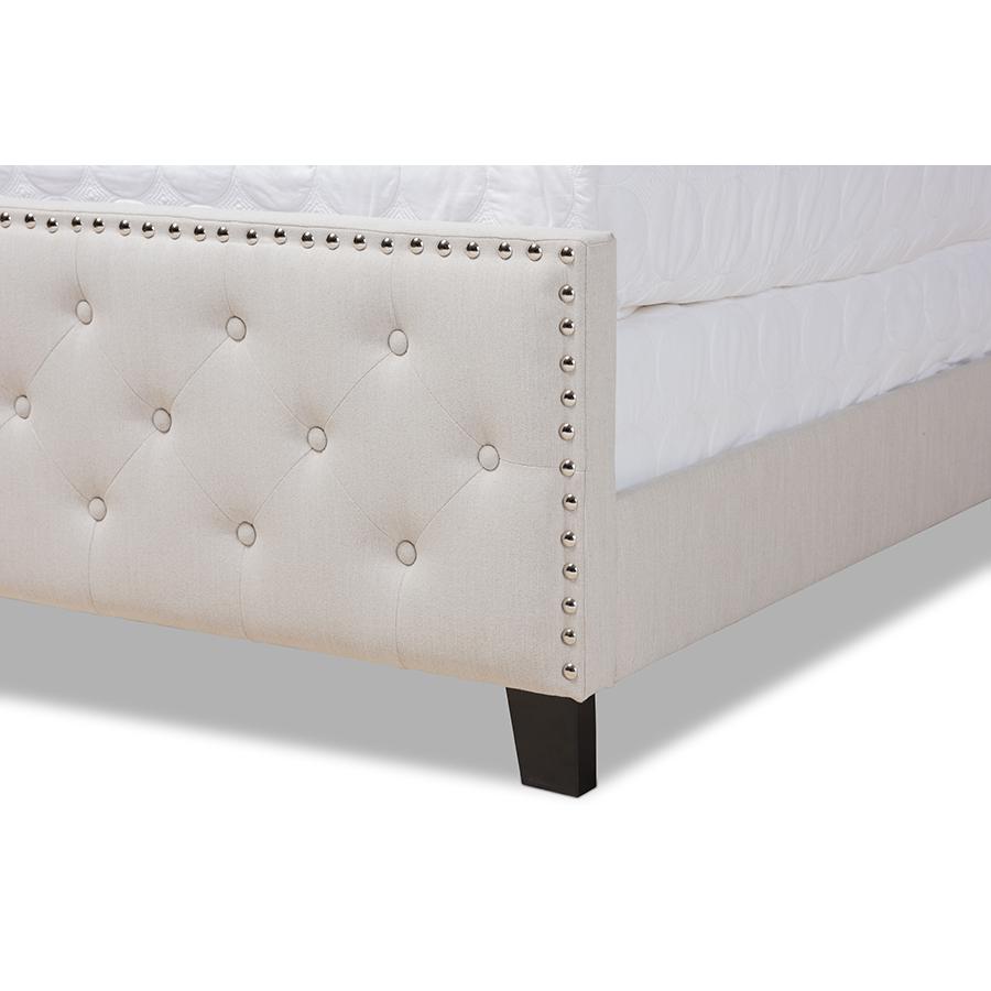 Marion Modern Transitional Beige Fabric Upholstered Button Tufted King Size Panel Bed. Picture 5
