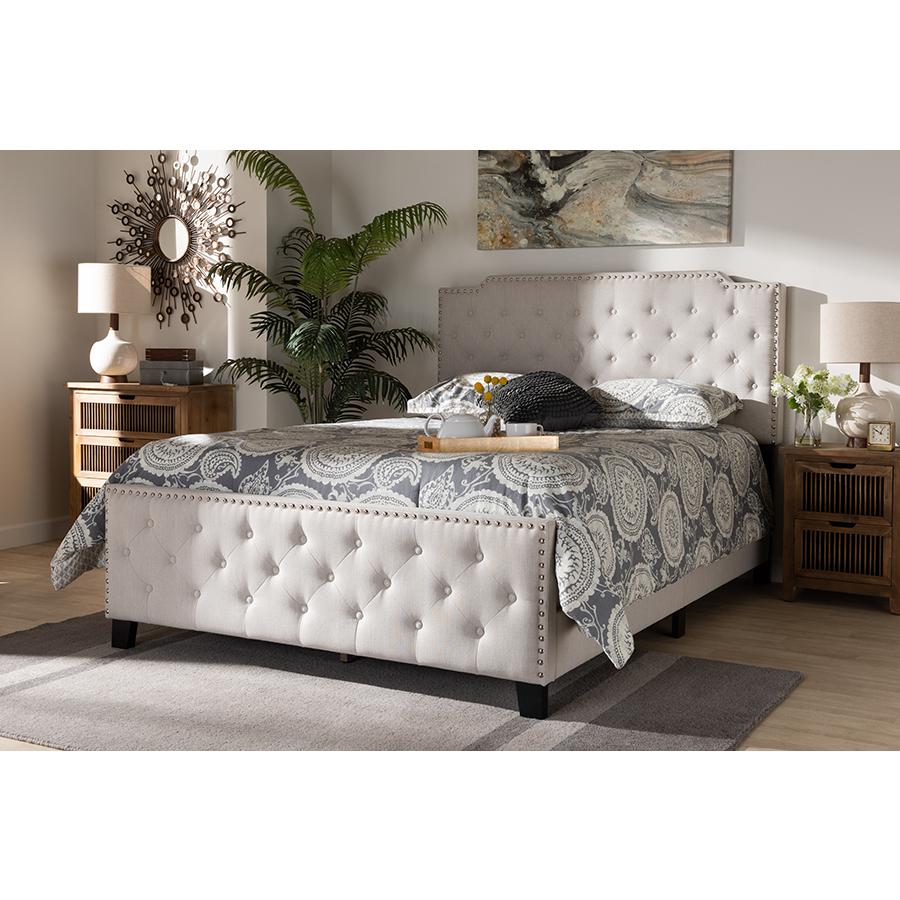 Marion Modern Transitional Beige Fabric Upholstered Button Tufted King Size Panel Bed. Picture 6