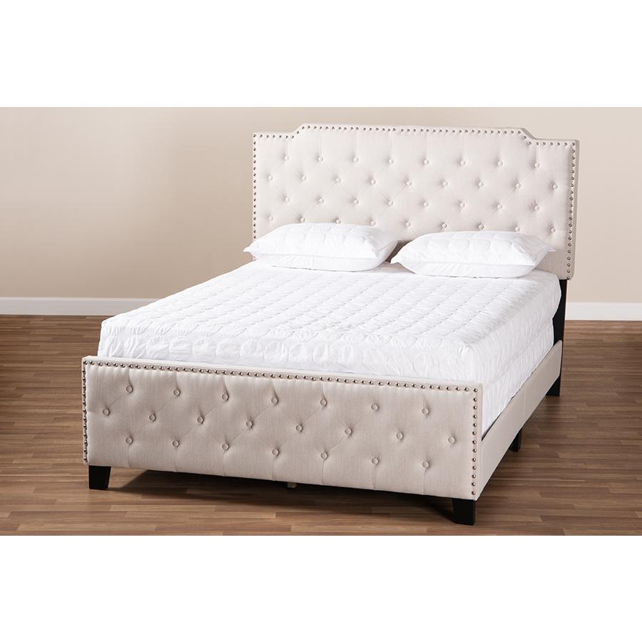 Marion Modern Transitional Beige Fabric Upholstered Button Tufted King Size Panel Bed. Picture 7