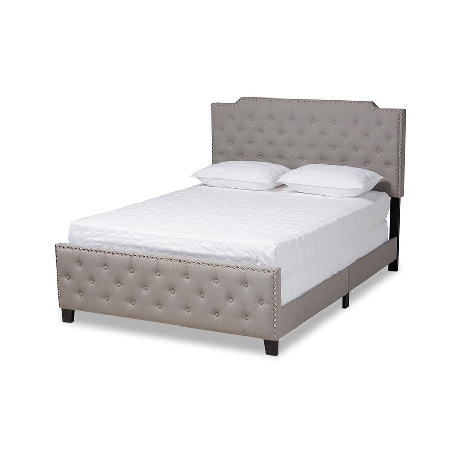 Marion Modern Transitional Grey Fabric Upholstered Button Tufted King Size Panel Bed. Picture 1