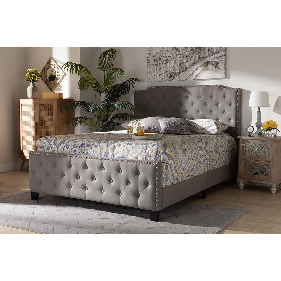 Marion Modern Transitional Grey Fabric Upholstered Button Tufted King Size Panel Bed. Picture 6