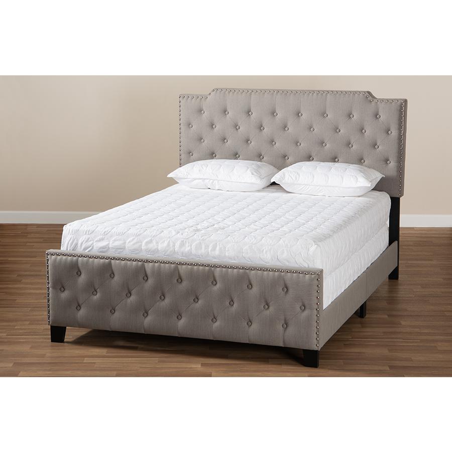 Marion Modern Transitional Grey Fabric Upholstered Button Tufted King Size Panel Bed. Picture 7