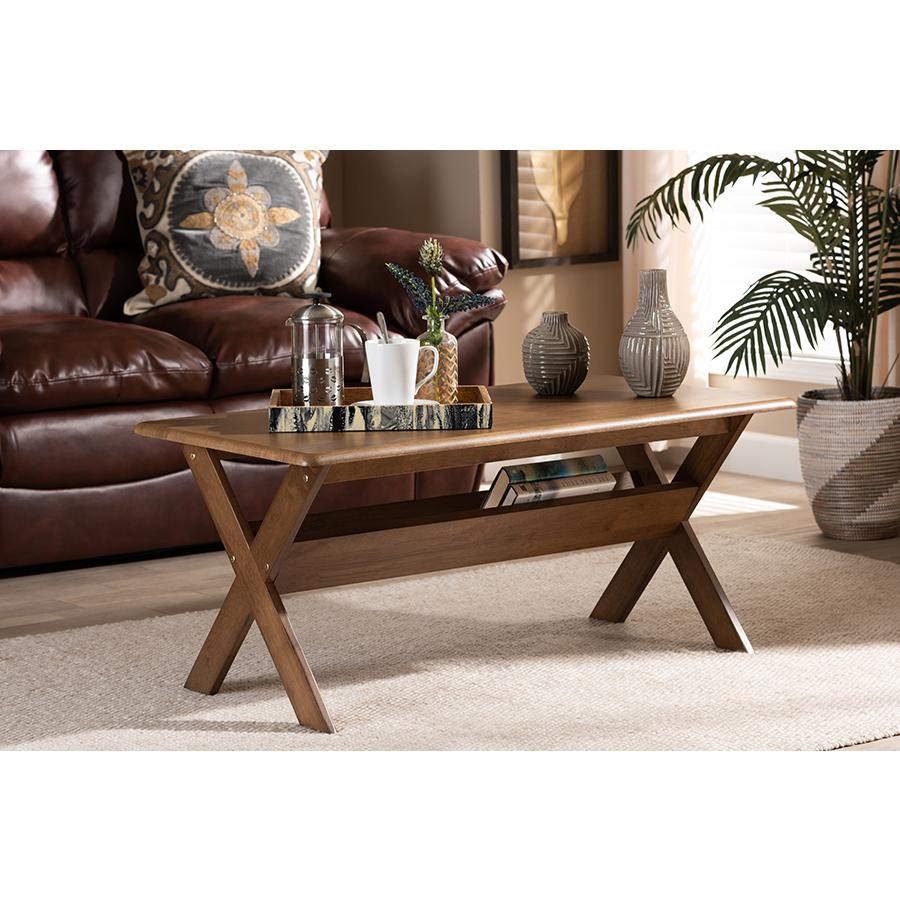 Sarai Modern Transitional Walnut Brown Finished Rectangular Wood Coffee Table. Picture 17