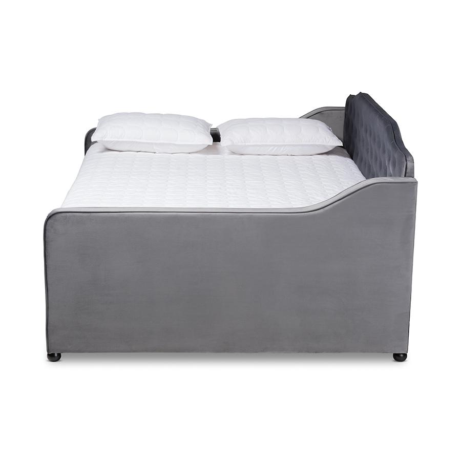 Grey Velvet Fabric Upholstered and Button Tufted Queen Size Daybed with Trundle. Picture 3