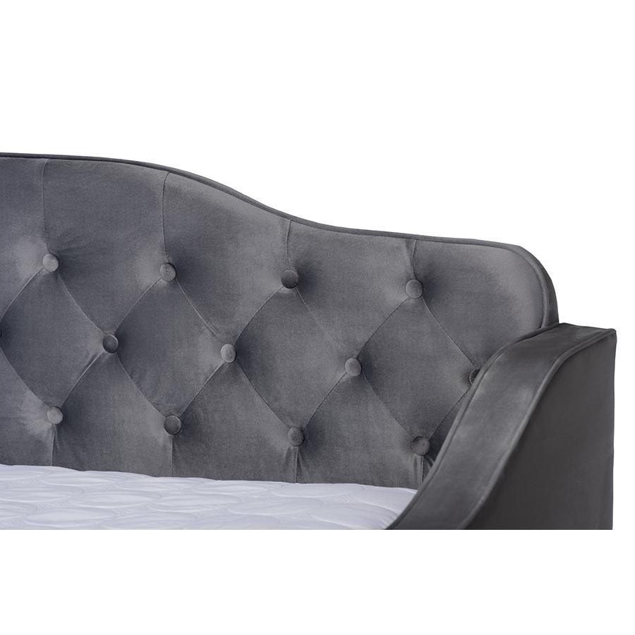 Grey Velvet Fabric Upholstered and Button Tufted Queen Size Daybed with Trundle. Picture 6