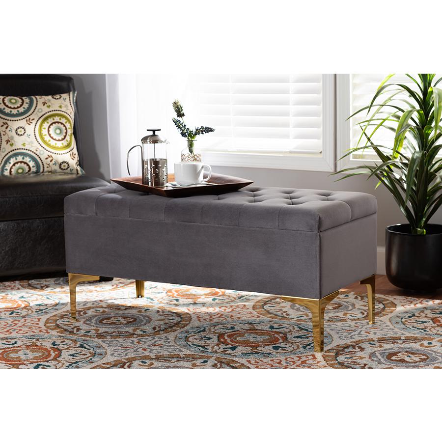 Luxe Grey Velvet Fabric Upholstered Gold Finished Button Tufted Storage Ottoman. Picture 23